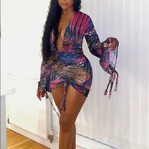 Multi Palm Print Satin Plunge Ruched Dress